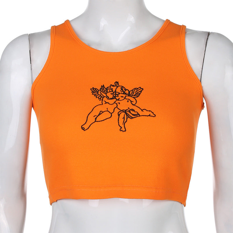 Sexy slim cute angel embroidery short top ACTIVEWEAR