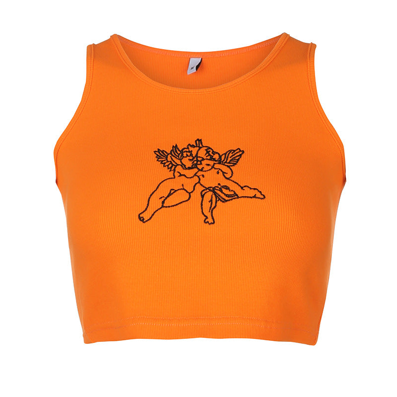 Sexy slim cute angel embroidery short top ACTIVEWEAR