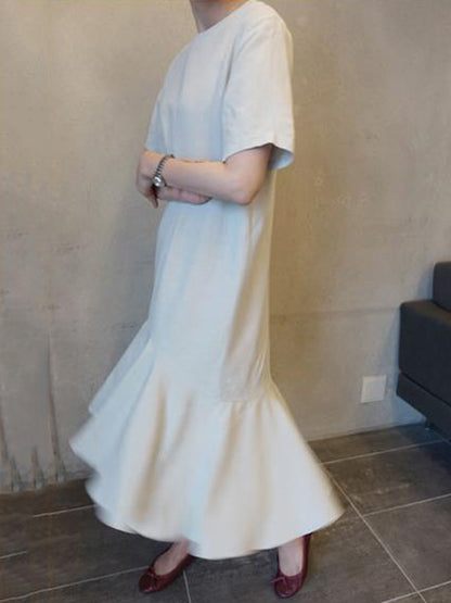 Original Solid Color Short Sleeve Falbala Midi Dress