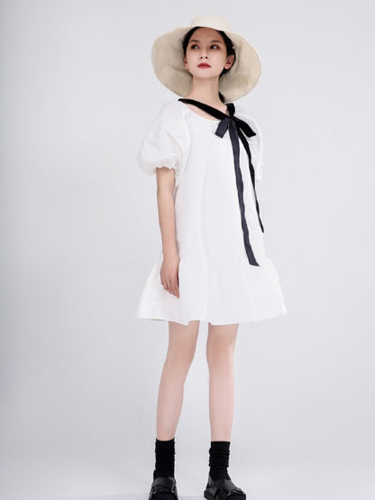 LOOSE FALBALA SOLID LACE-UP PUFF SLEEVE MINI DRESS