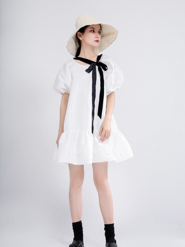 LOOSE FALBALA SOLID LACE-UP PUFF SLEEVE MINI DRESS