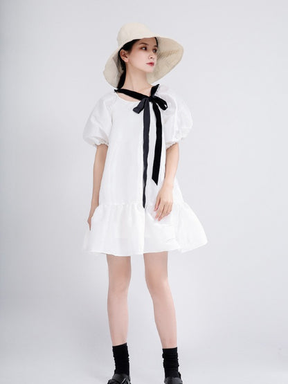 LOOSE FALBALA SOLID LACE-UP PUFF SLEEVE MINI DRESS