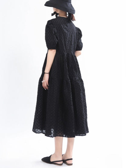 VINTAGE PUFF SLEEVE TEXTURED SOLID MIDI DRESS