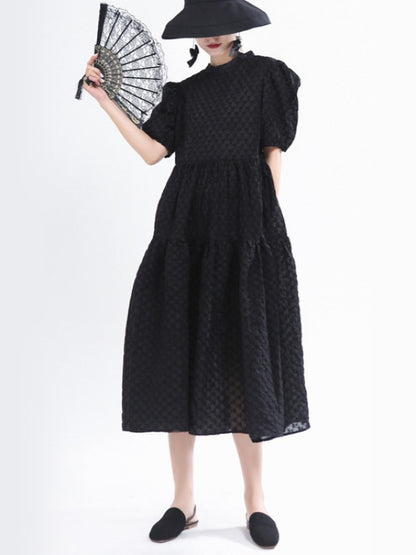 VINTAGE PUFF SLEEVE TEXTURED SOLID MIDI DRESS