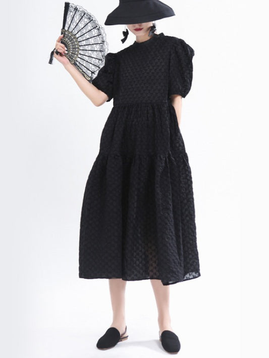 VINTAGE PUFF SLEEVE TEXTURED SOLID MIDI DRESS