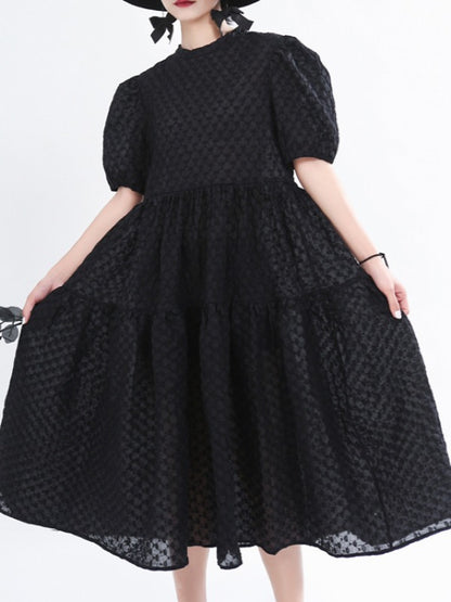 VINTAGE PUFF SLEEVE TEXTURED SOLID MIDI DRESS
