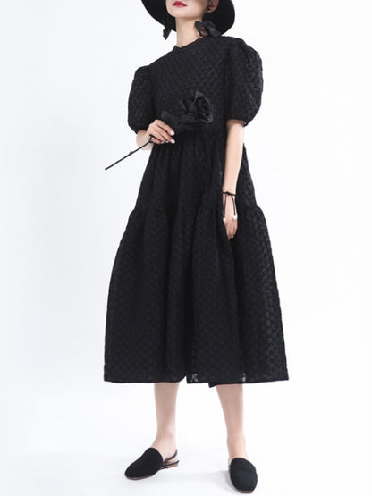 VINTAGE PUFF SLEEVE TEXTURED SOLID MIDI DRESS