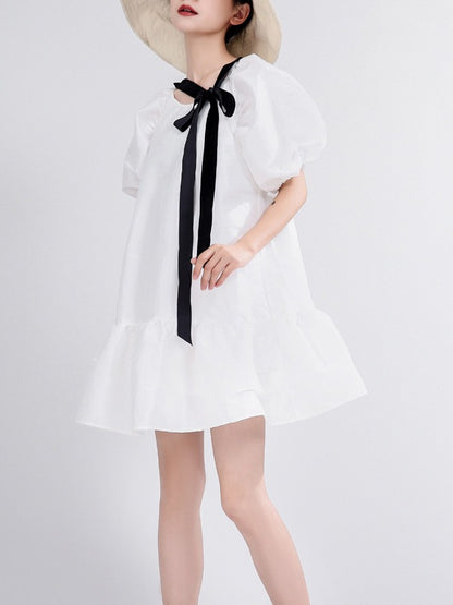 LOOSE FALBALA SOLID LACE-UP PUFF SLEEVE MINI DRESS