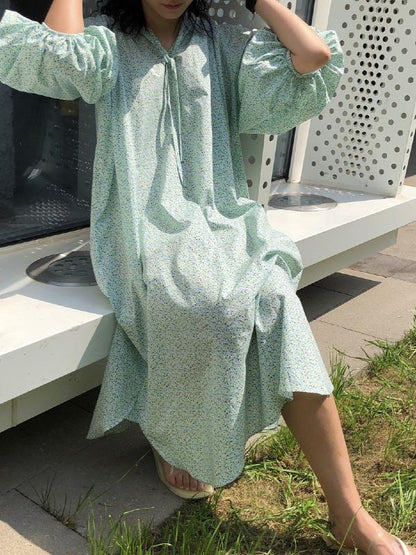 Loose Puff Sleeve Floral Midi Dress
