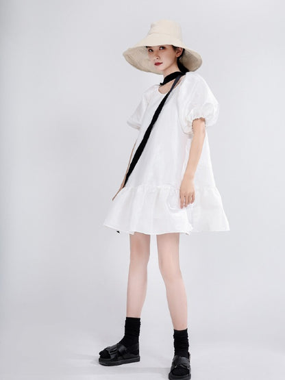 LOOSE FALBALA SOLID LACE-UP PUFF SLEEVE MINI DRESS