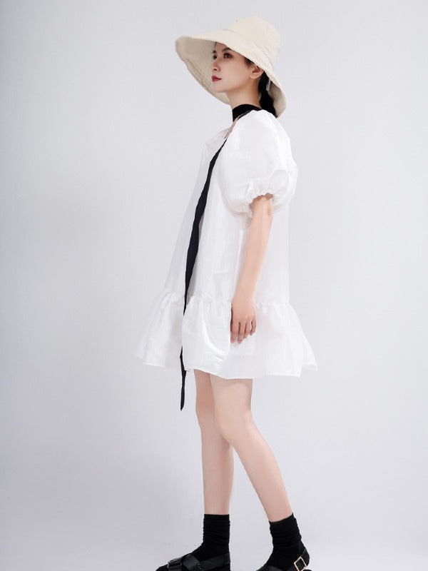 LOOSE FALBALA SOLID LACE-UP PUFF SLEEVE MINI DRESS