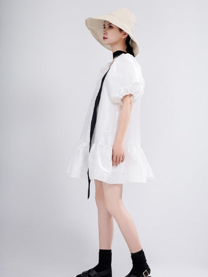 LOOSE FALBALA SOLID LACE-UP PUFF SLEEVE MINI DRESS