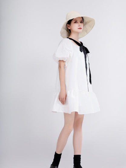 LOOSE FALBALA SOLID LACE-UP PUFF SLEEVE MINI DRESS