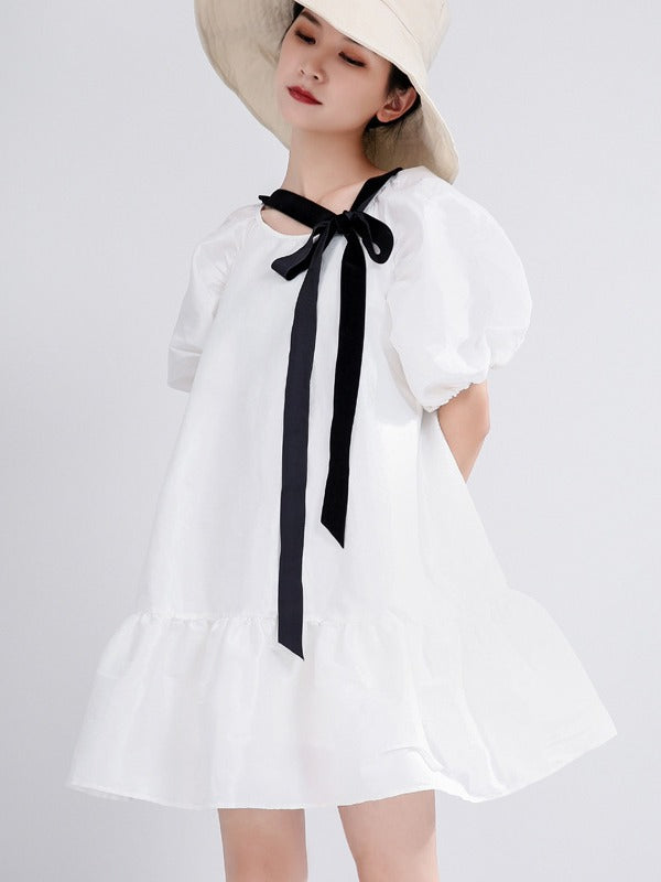 LOOSE FALBALA SOLID LACE-UP PUFF SLEEVE MINI DRESS