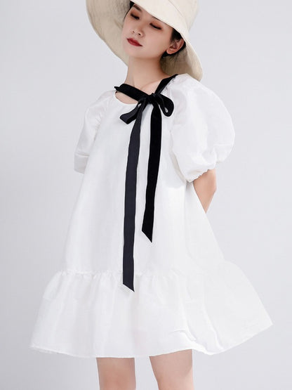 LOOSE FALBALA SOLID LACE-UP PUFF SLEEVE MINI DRESS