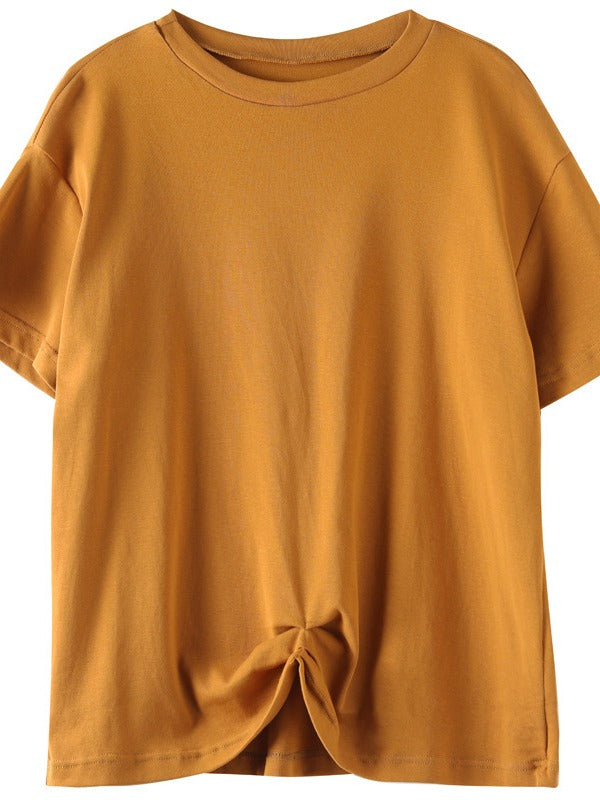 LOOSE SOLID PLEATED CASUAL ROUND NECK T-SHIRT