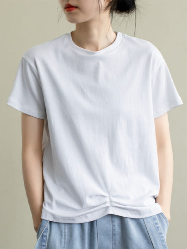 LOOSE SOLID PLEATED CASUAL ROUND NECK T-SHIRT