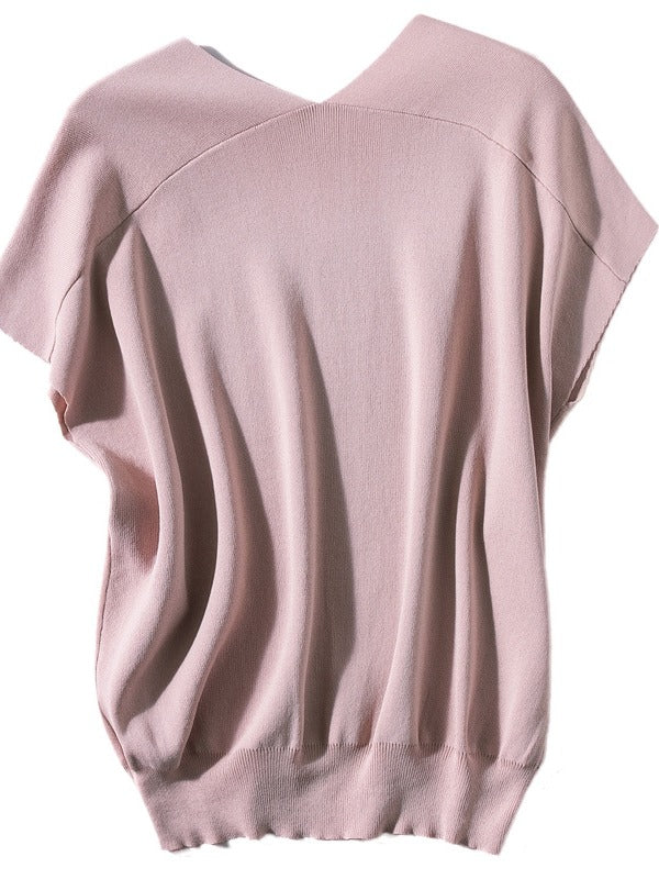Loose Ice Silk V-Neck Knit T-Shirt