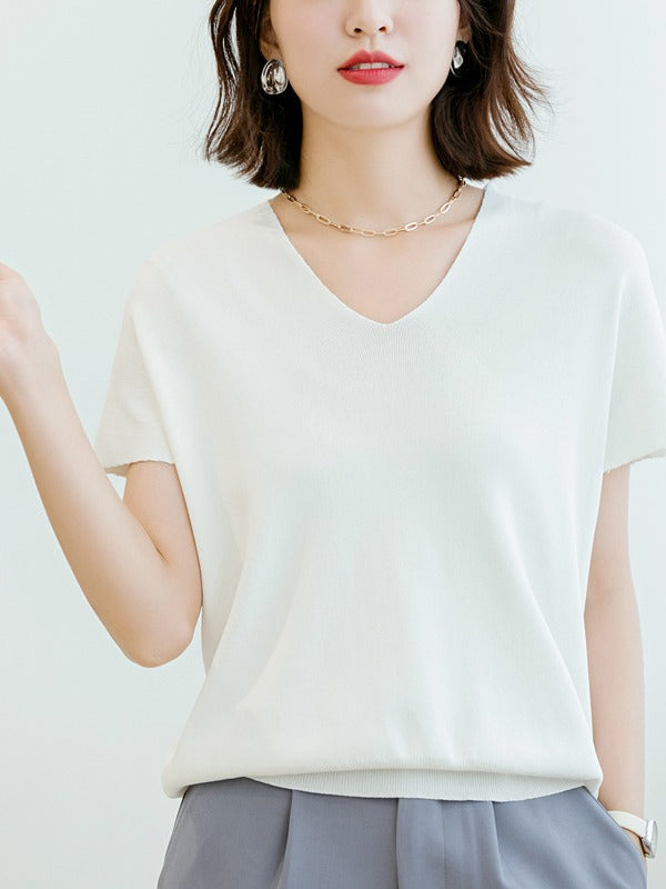 Loose Ice Silk V-Neck Knit T-Shirt