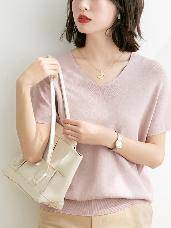 Loose Ice Silk V-Neck Knit T-Shirt
