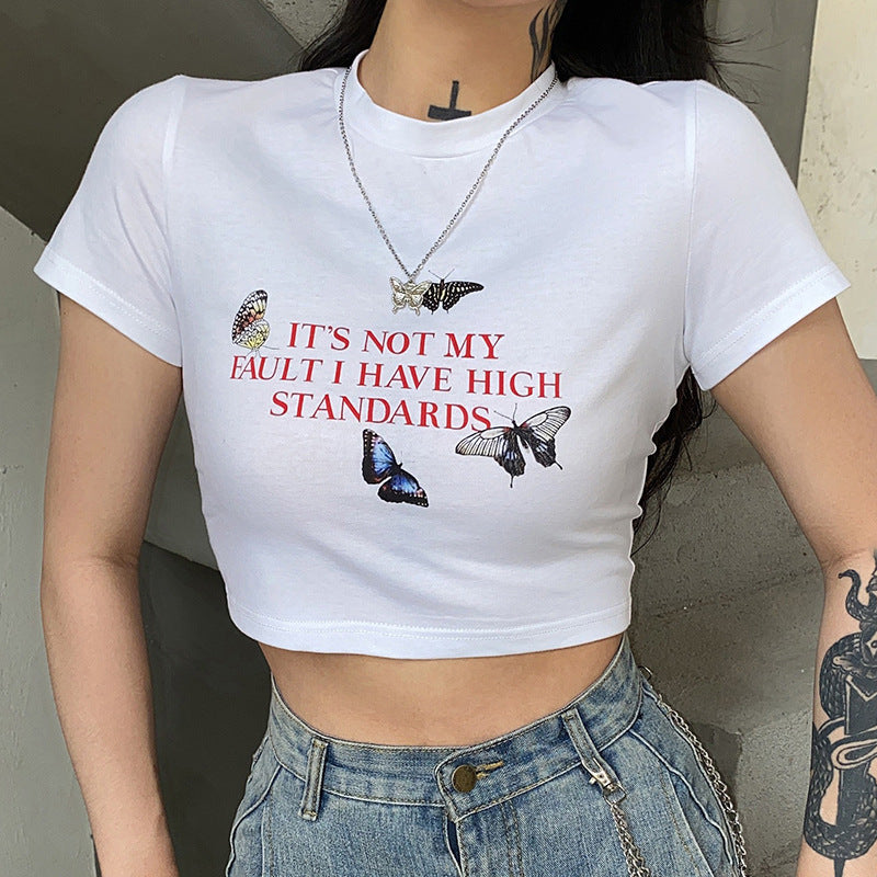 Color butterfly letter printed short T-shirt sleeve top ACTIVEWEAR