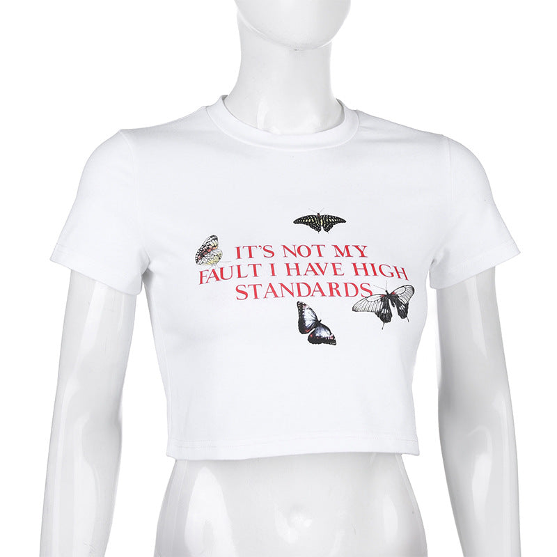 Color butterfly letter printed short T-shirt sleeve top ACTIVEWEAR