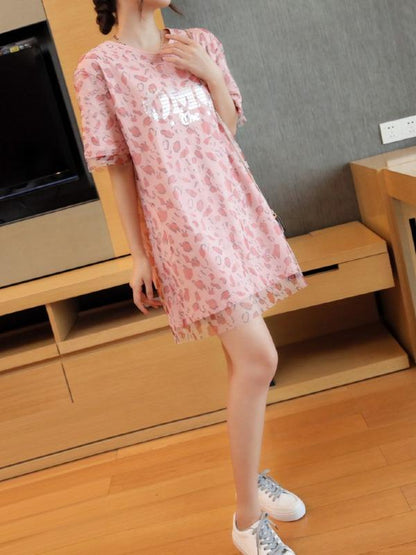 Loose Pink Mesh Print T-Shirt