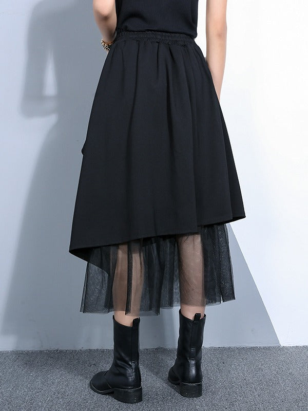 BLACK PLEATED DOUBLE LAYER MESH SKIRT