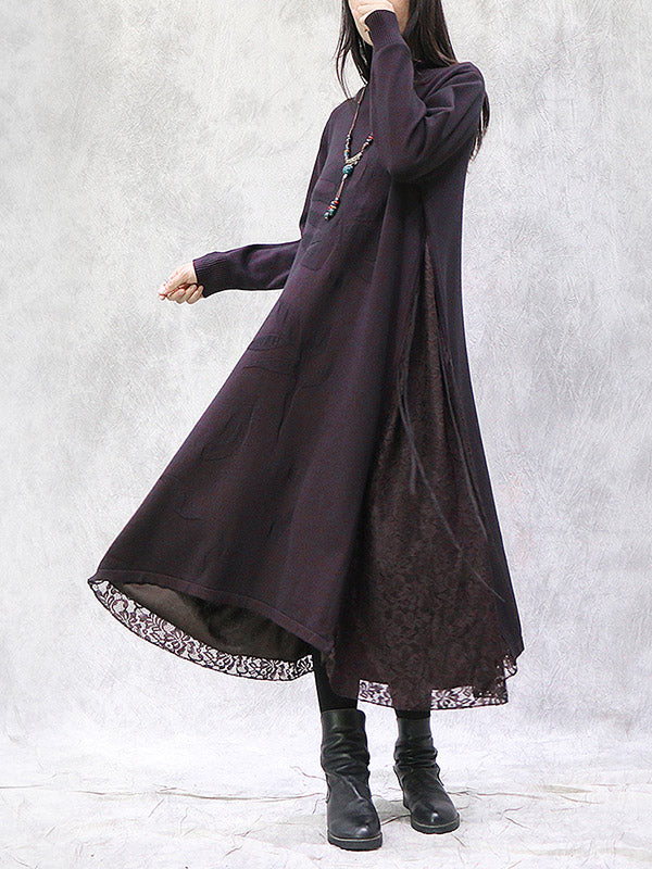 Artistic Retro Solid Color Split-Joint Embroidered Falbala Hollow Lace Tied Stand Collar Long Sleeves Knitted Sweater Dress