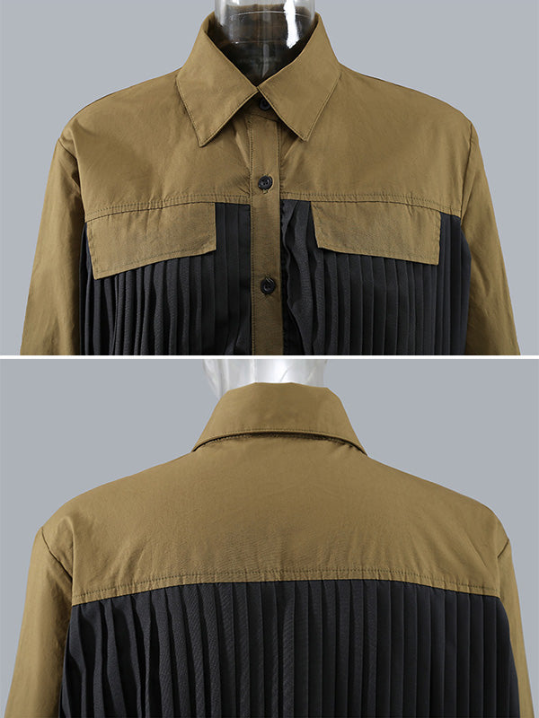 Original Pleated Split-Joint With Pocket Buttoned Lapel Collar Long Sleeves Midi Shirt Dress