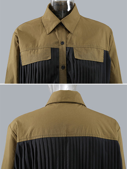 Original Pleated Split-Joint With Pocket Buttoned Lapel Collar Long Sleeves Midi Shirt Dress