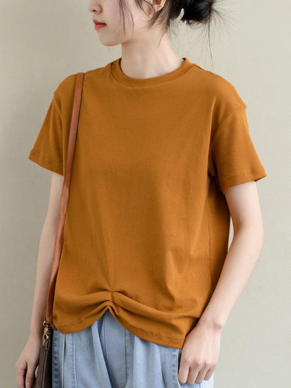 LOOSE SOLID PLEATED CASUAL ROUND NECK T-SHIRT