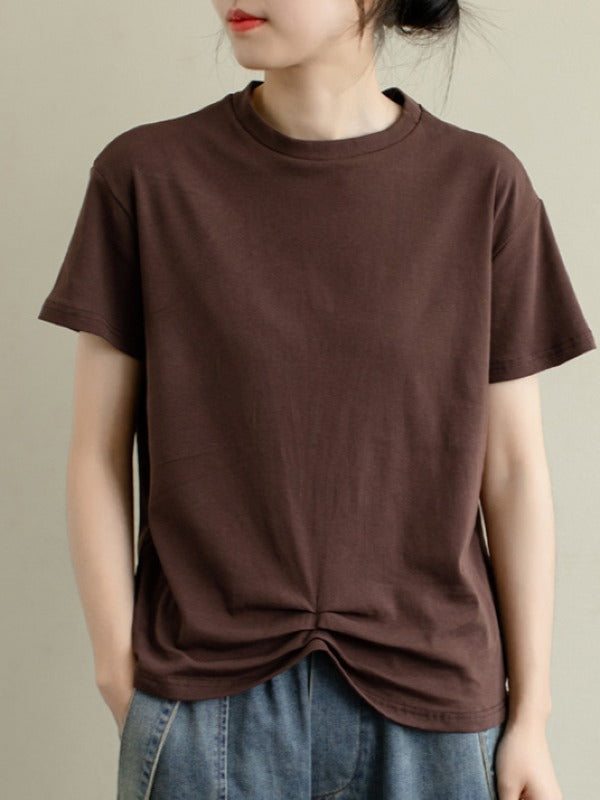 LOOSE SOLID PLEATED CASUAL ROUND NECK T-SHIRT