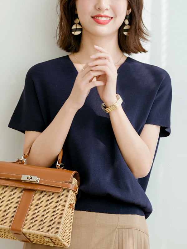 Loose Ice Silk V-Neck Knit T-Shirt