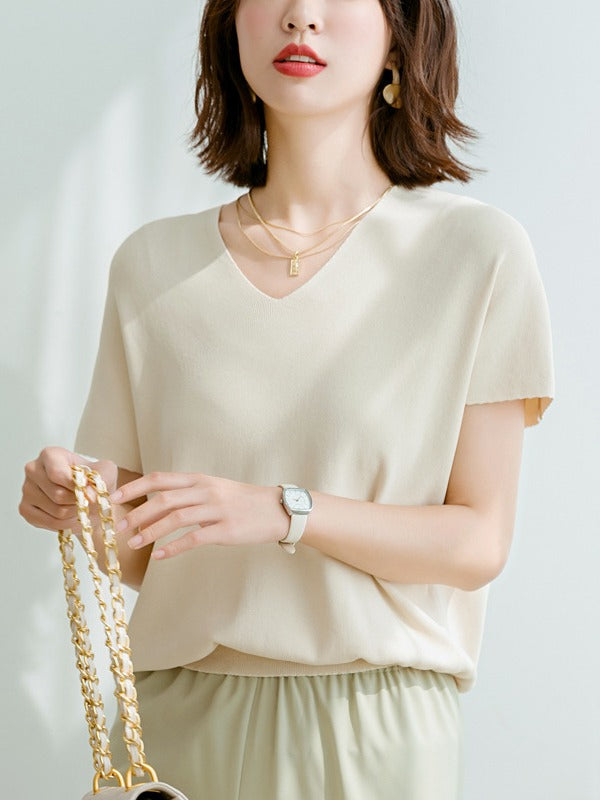 Loose Ice Silk V-Neck Knit T-Shirt