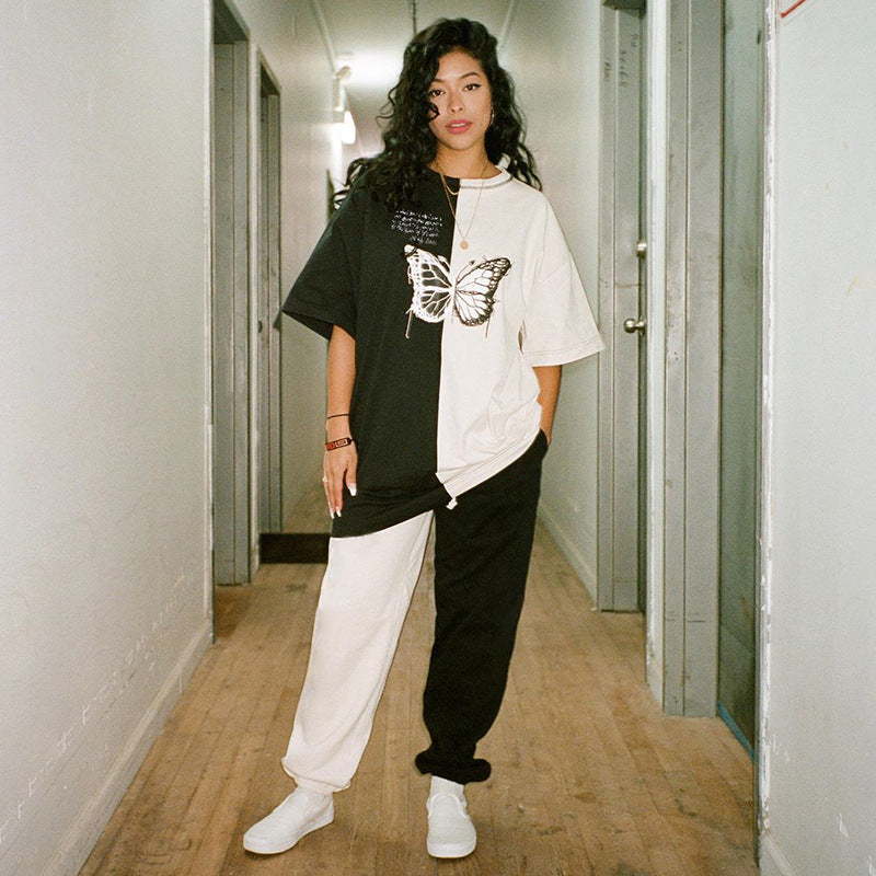 Colorblock butterfly print loose thin short sleeve T-shirt ACTIVEWEAR