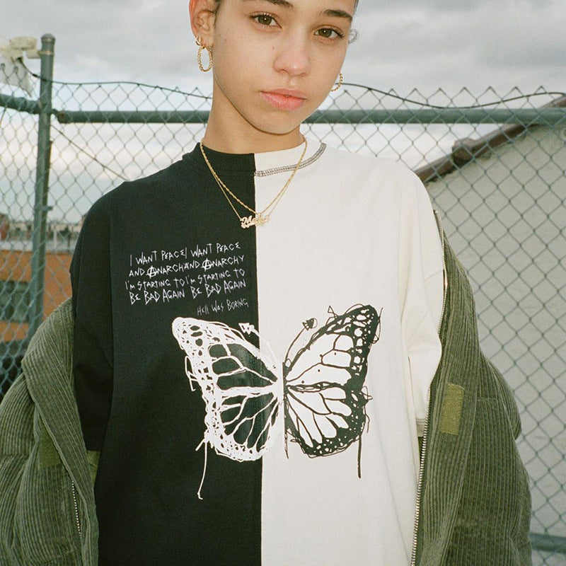 Colorblock butterfly print loose thin short sleeve T-shirt ACTIVEWEAR