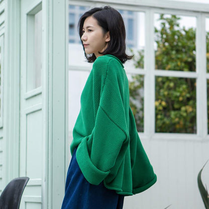 Buykud Simple Solid Color V-neck Ultra-loose Sweater