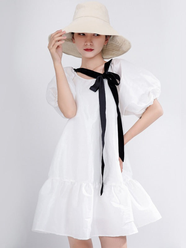 LOOSE FALBALA SOLID LACE-UP PUFF SLEEVE MINI DRESS