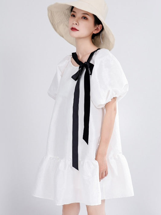 LOOSE FALBALA SOLID LACE-UP PUFF SLEEVE MINI DRESS