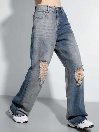 CONTRAST COLOR SPLICE HOLLOW WIDE LEG JEAN PANTS