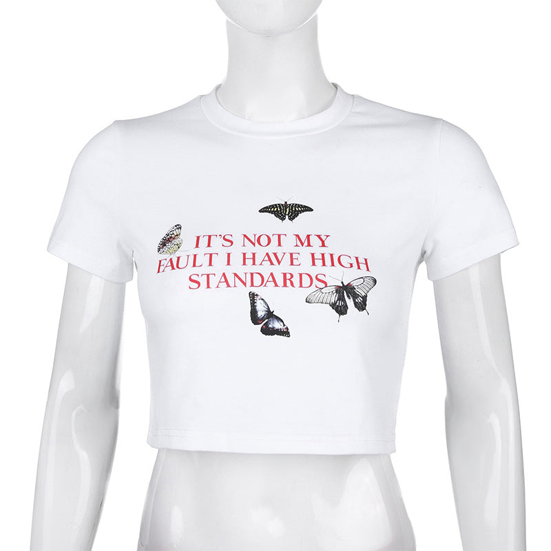 Color butterfly letter printed short T-shirt sleeve top ACTIVEWEAR