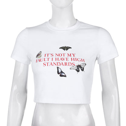 Color butterfly letter printed short T-shirt sleeve top ACTIVEWEAR