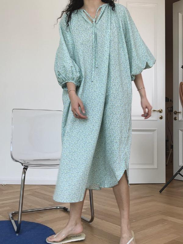 Loose Puff Sleeve Floral Midi Dress