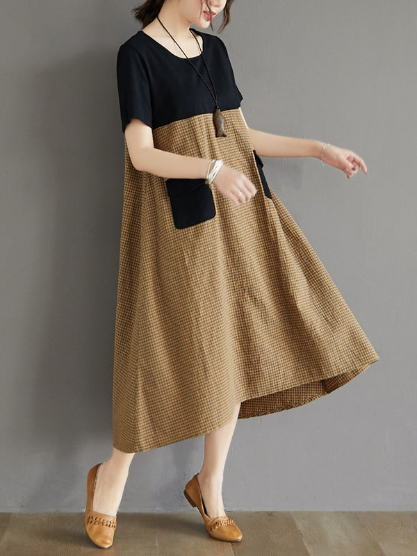 Contrast Color Splicing Plaid Loose Dress