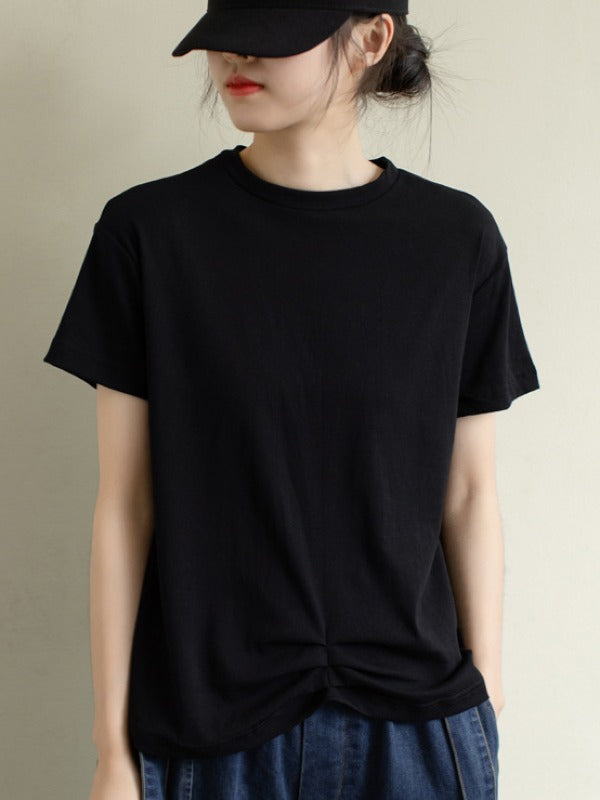 LOOSE SOLID PLEATED CASUAL ROUND NECK T-SHIRT