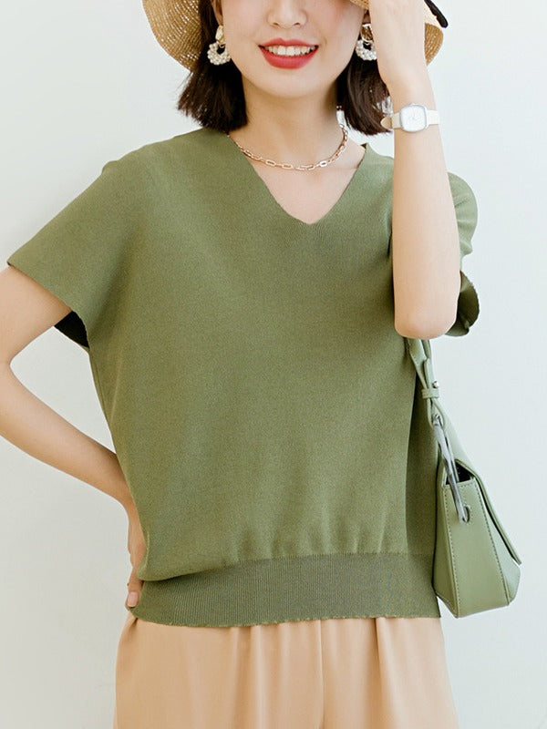 Loose Ice Silk V-Neck Knit T-Shirt
