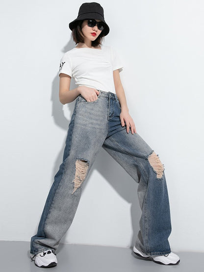 CONTRAST COLOR SPLICE HOLLOW WIDE LEG JEAN PANTS