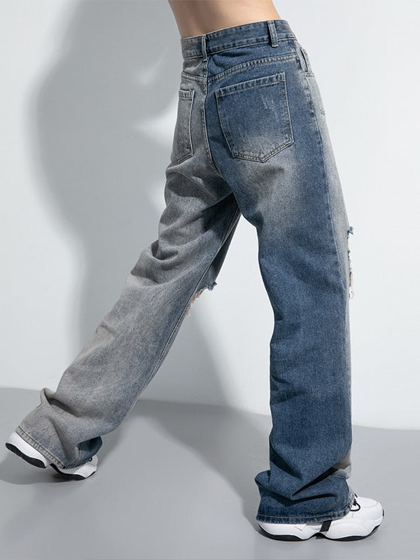 CONTRAST COLOR SPLICE HOLLOW WIDE LEG JEAN PANTS