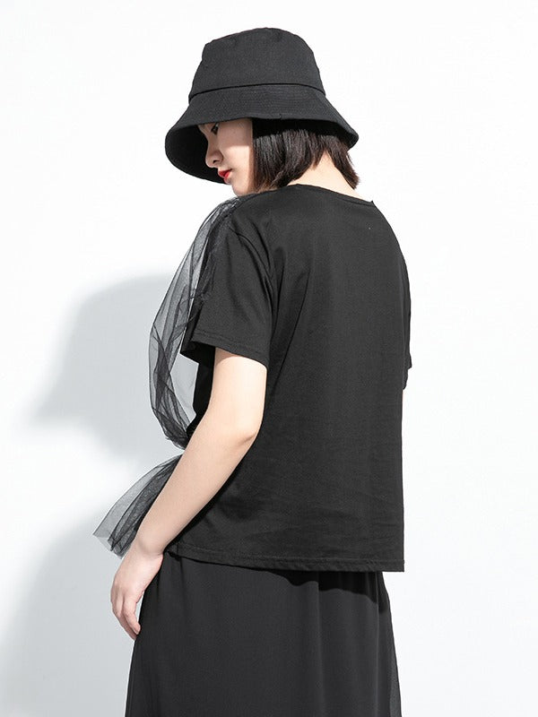 MESH PLEATED LACE-UP SPLICING T-SHIRT